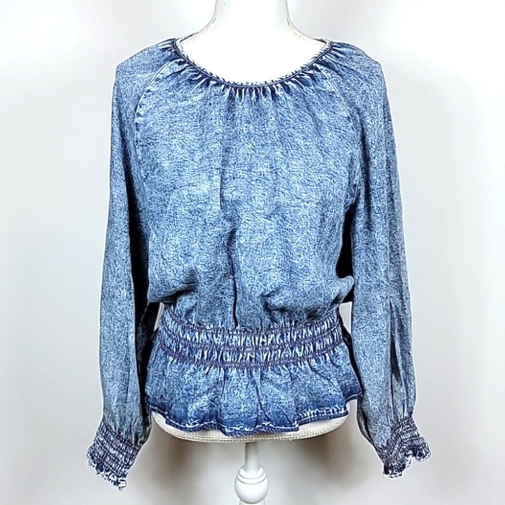 Marc New York Andrew Marc Acid Wash Chambray Smocked Top - size medium